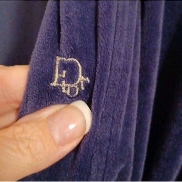 Christian Dior Vintage Robe One Size Navy Blue Velour Belted Luxe Old Money - Picture 4 of 10